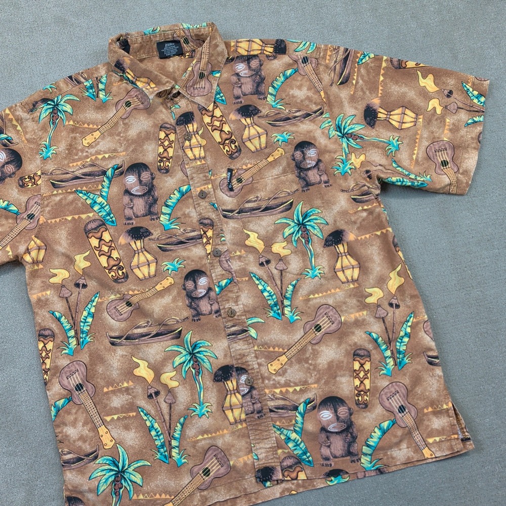 Kai-Veikau Fiji Vintage Tiki Aloha Shirt Large Mens Brown Cotton Ukulele Print
